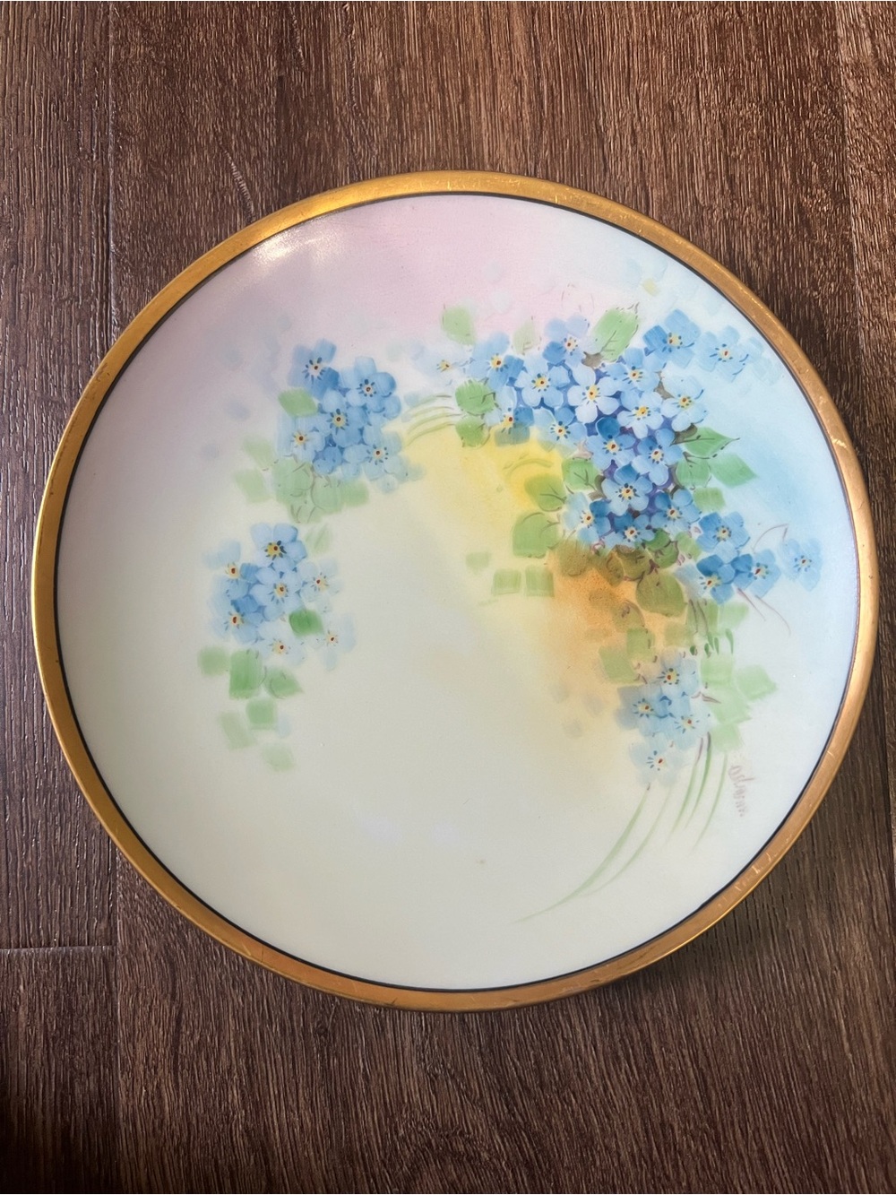 Vintage J&C Bavaria Porcelain Plate Hand Painted Blue Floral Gold Border Signed